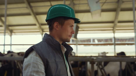 man farmer walking cowhouse in helmet closeup. professional cattle breeder.