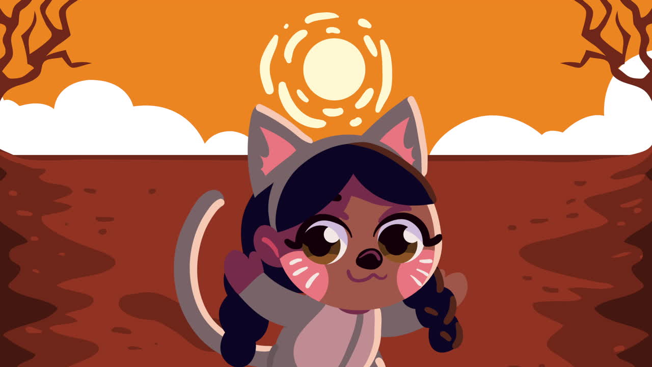 feliz animación de halloween con una gatita