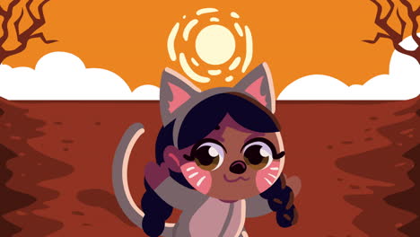 feliz animación de halloween con una gatita