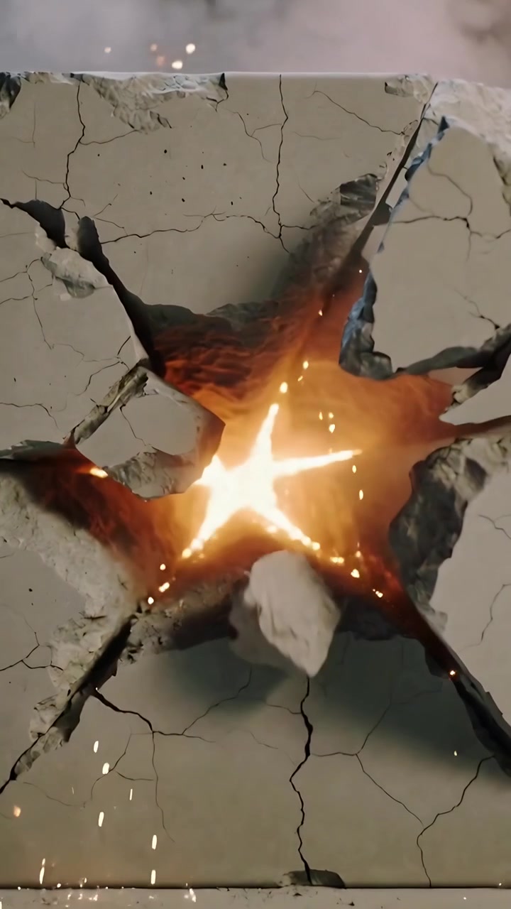 Vertical video: Glowing core starting concrete slab cracking in studio, ejecting rubble and sparks