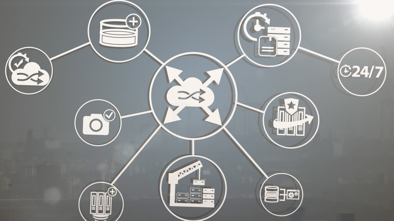 animación de iconos conectados con líneas sobre llamaradas de lentes y vista borrosa del paisaje urbano moderno