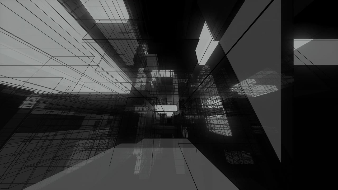 Una panoramica dinamica laterale della telecamera attraverso un corridoio architettonico astratto, in wireframe in scala di grigi, che mostra linee strutturali di progetto.