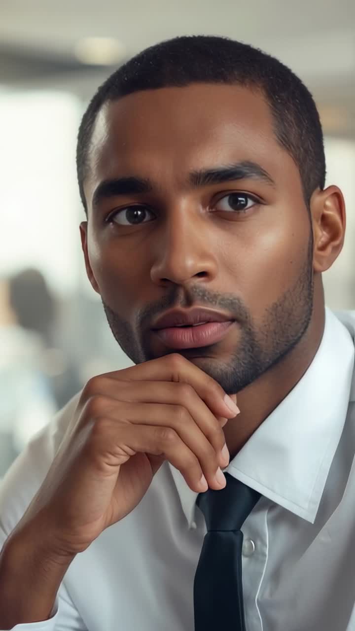 Vertical video: Listening man in white shirt, tie resting right hand on chin, thinking in office