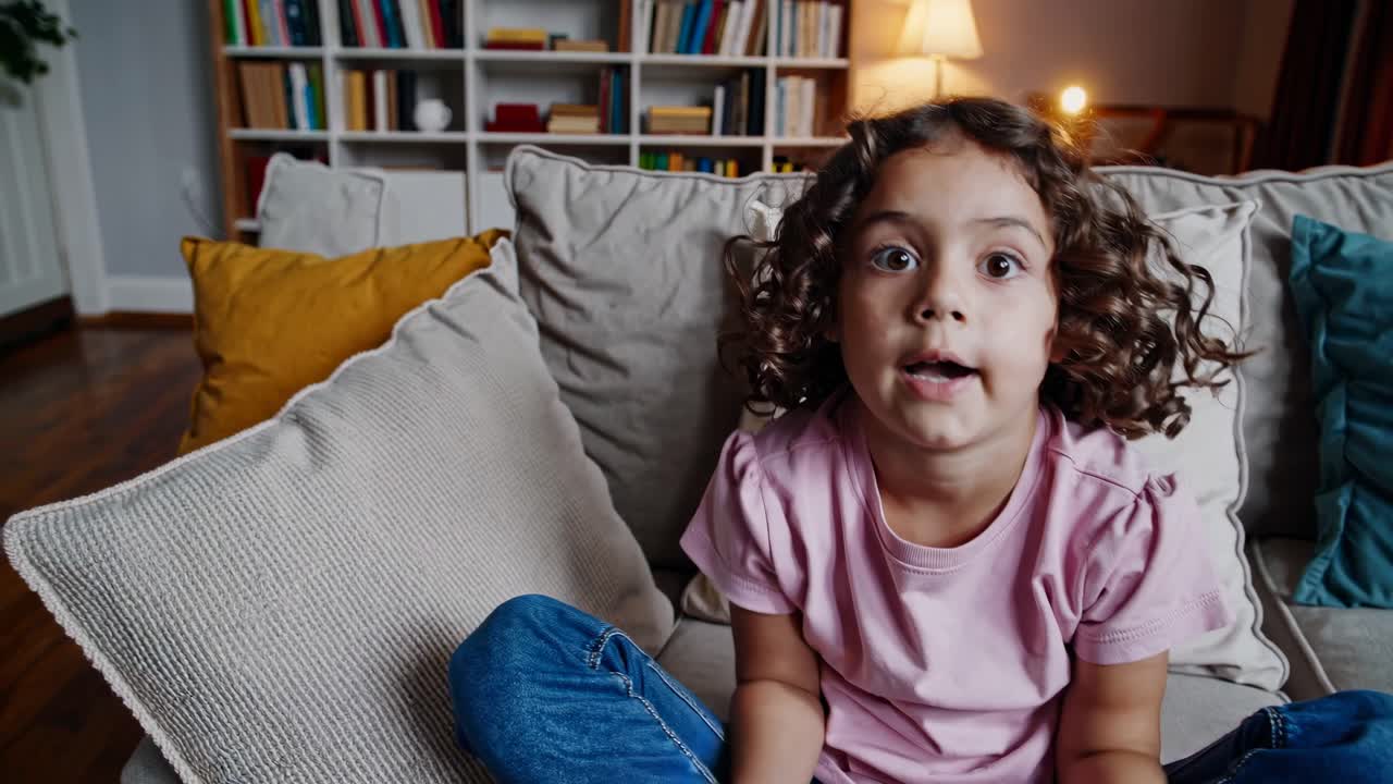 Close-up video shot of a young girl with curly hair, wearing a pink shirt, sitting on a couch