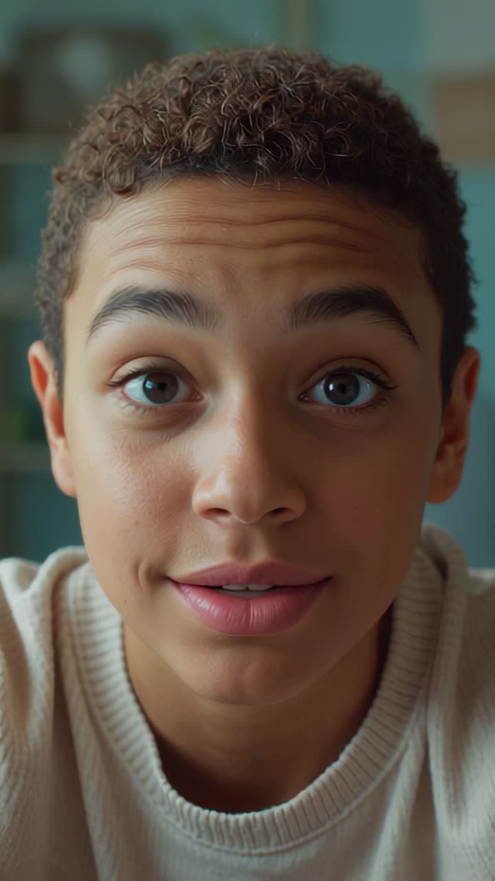 Vertical video: Female speaker delivering message in home office subtly shifting expression