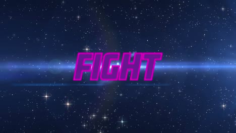 digital animation of purple fight text against light trail and shining stars on blue background