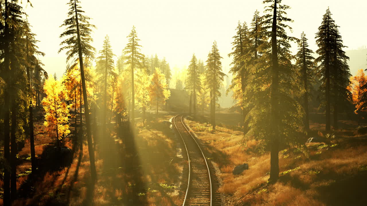 숲 속 의 가을 해가 뜨는 기차 트랙