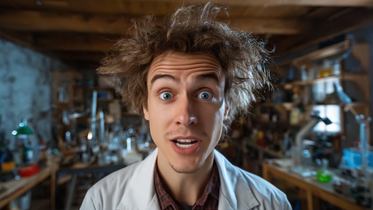 A Curious Scientist with Messy Hair Engaging in Experimentation, Captured in a Chemistry Lab with Various Equipment Demonstrating Enthusiasm and Wonder