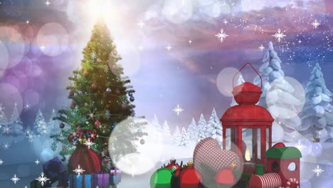 animation of falling snowflakes over fir trees and decorations