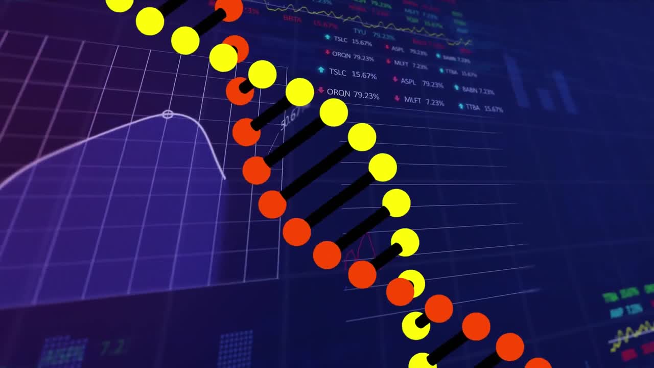 animación del giro de la cadena de adn y estadísticas sobre el procesamiento de datos de codificación binaria.