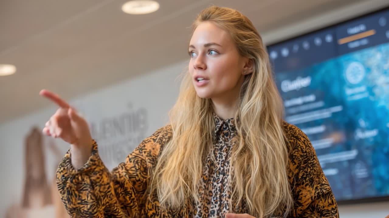 Engaging Presentation by a Young Woman with Long Hair in a Stylish Outfit, Capturing Attention with Enthusiastic Gestures in a Modern Office Environment
