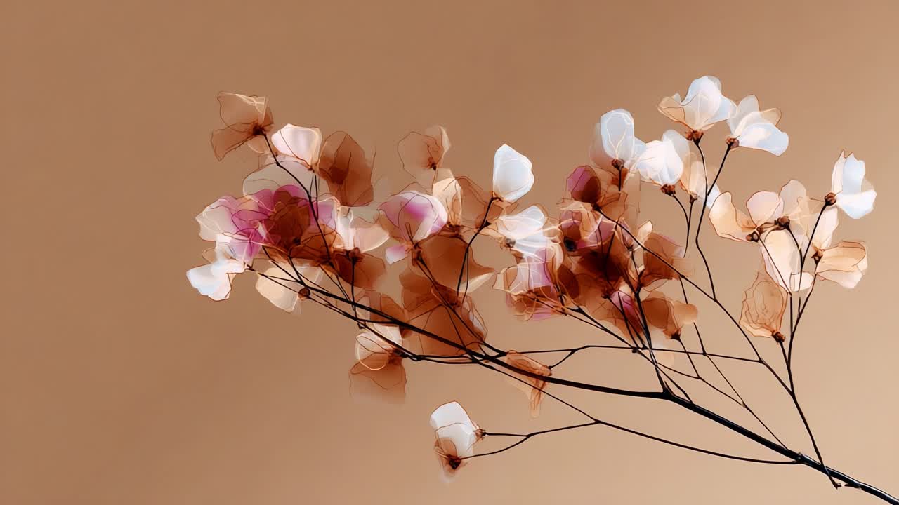 Delicate Floral Arrangement Showcasing Ethereal Blossoms with Soft Hues, Displaying a Harmonious Blend of Colors Against a Warm Background for Artistic Inspiration