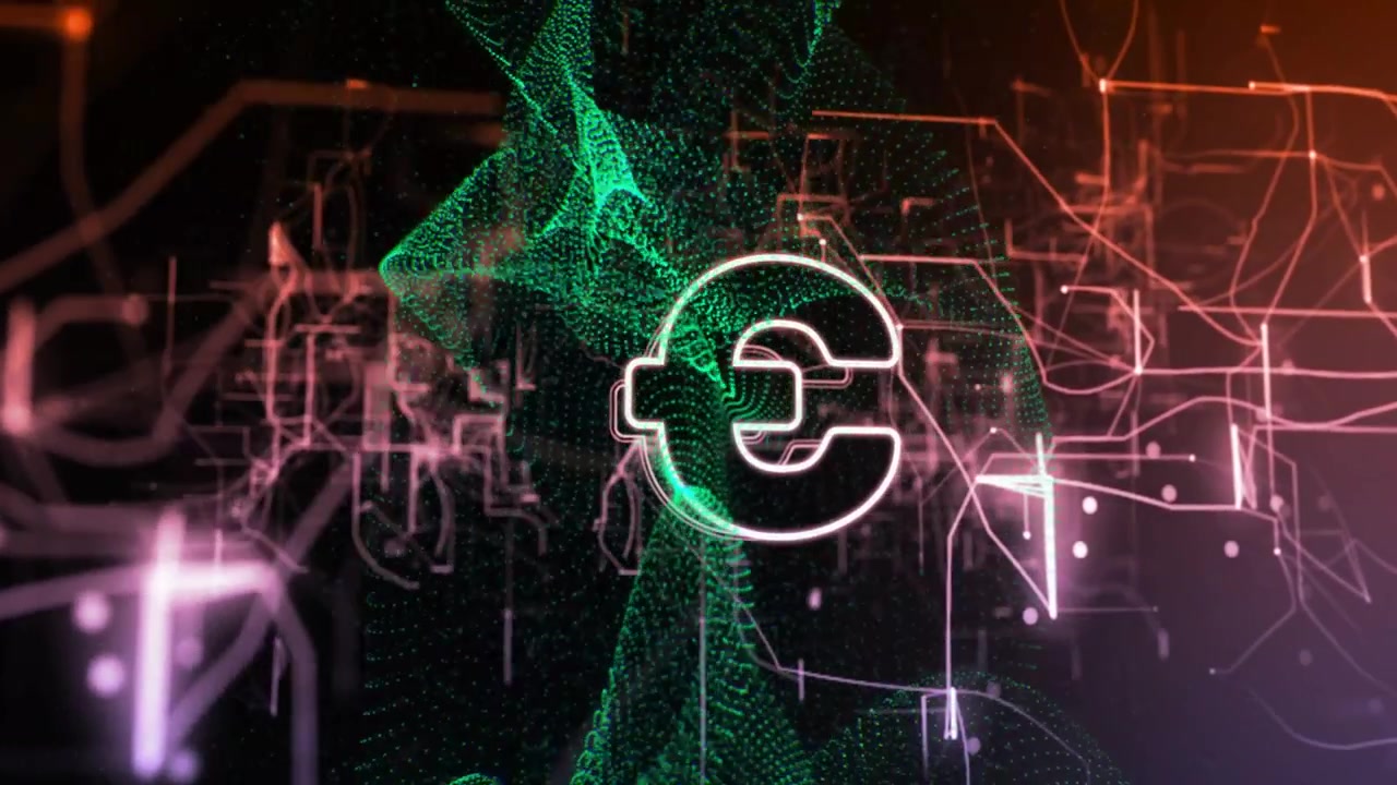 Green ribbon emerging from top initiating euro symbol fading, brightening, centering, mesh flowing