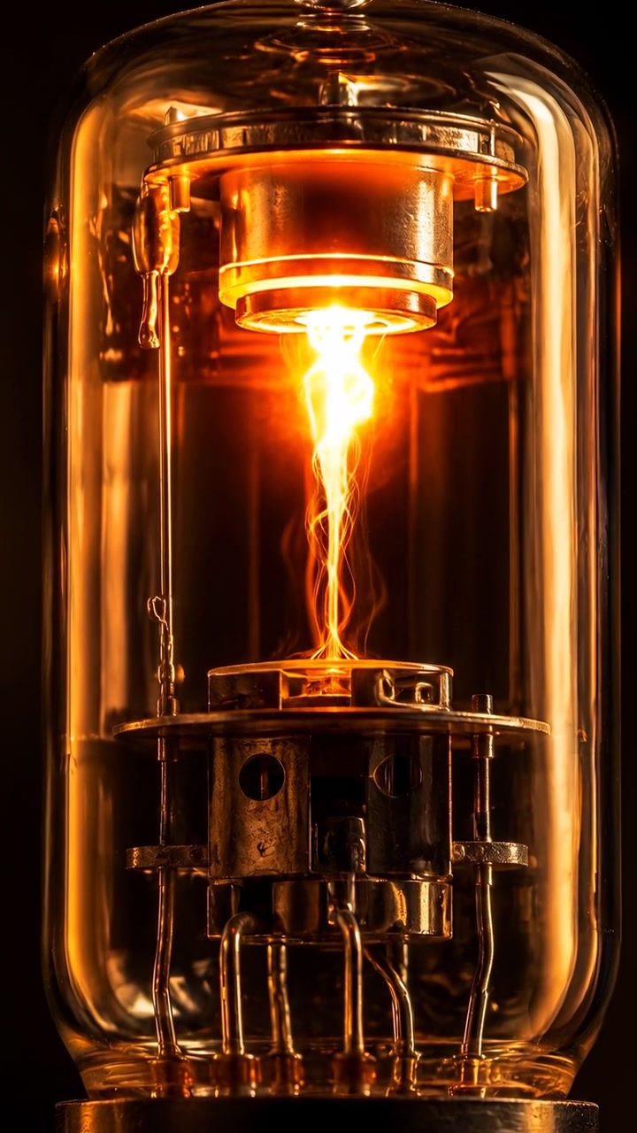 Close-up view shows luminous filament flickering inside transparent glass chamber as warm amber light reveals metallic details, layered internal parts, and dark background with centered framing.
