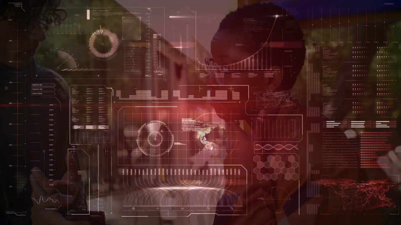 Animation overlaying futuristic data interface, person working on digital technology