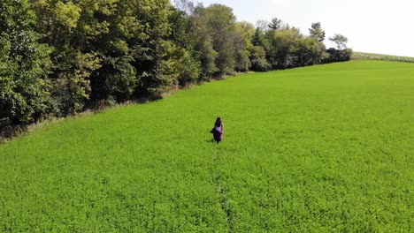 Tiro-De-Seguimiento-Lento-De-Una-Mujer-Joven-Caminando-Por-Un-Campo-Verde-Sin-Preocupaciones