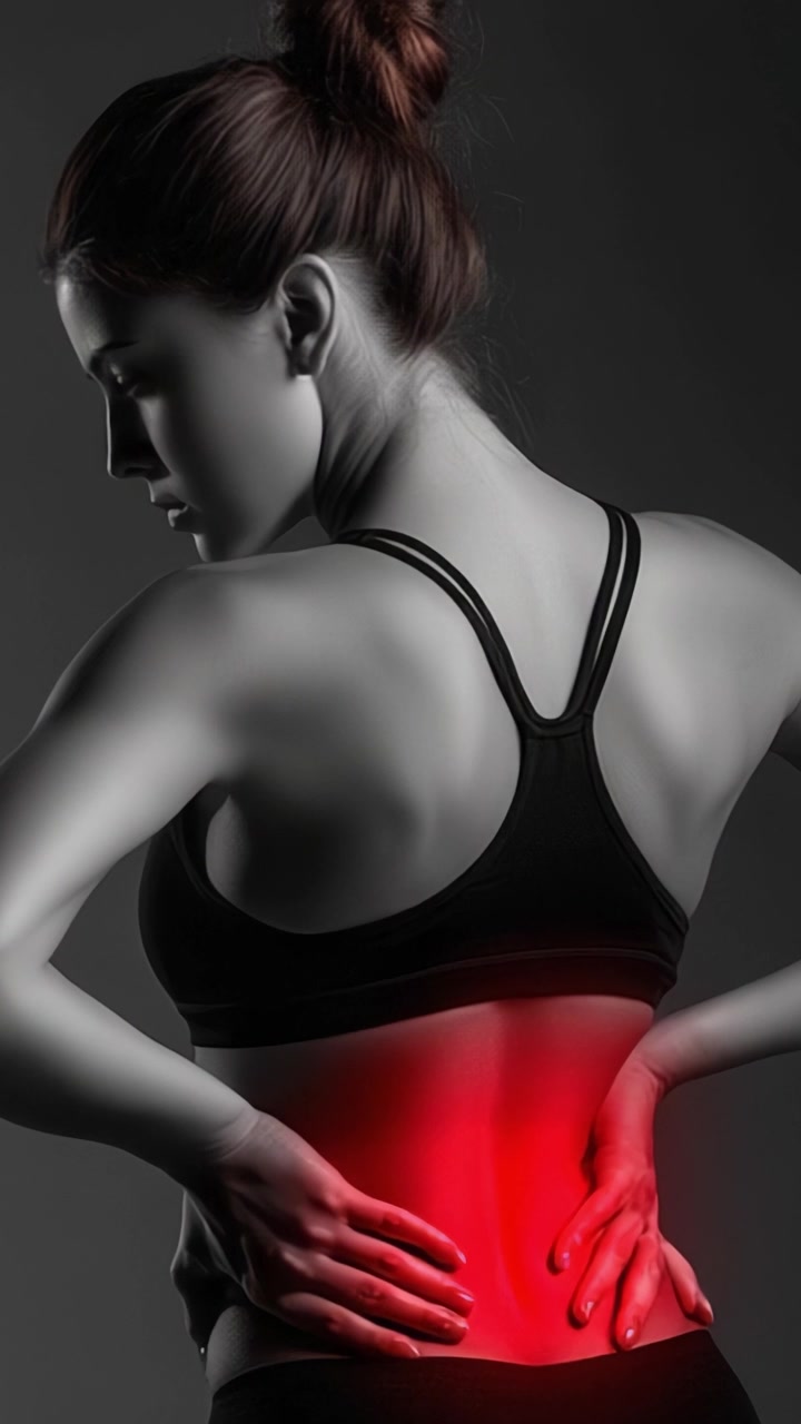 Captivating Portrait of a Woman in Athletic Wear Showcasing Luminescent Red Light Effect on Lower Back in Artistic Black and White Photography