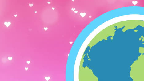 animation of hearts and globe over pink background