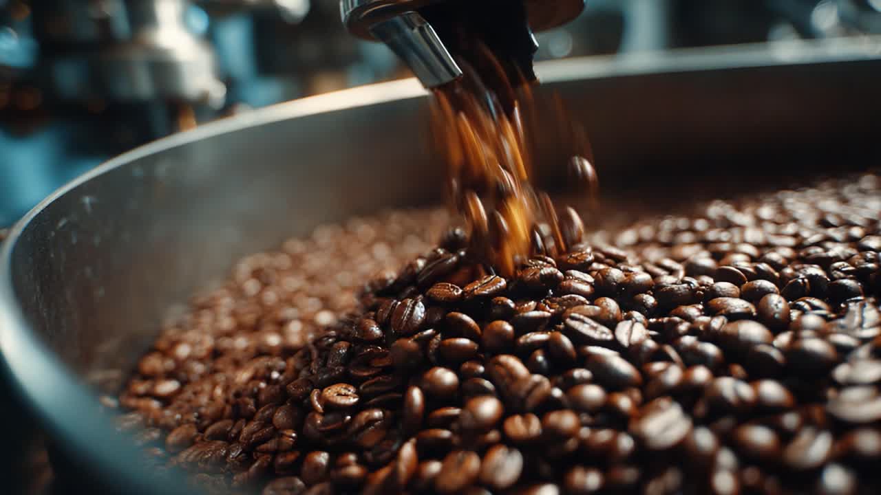 The Art of Coffee Roasting: A Close-Up Look at Freshly Roasted Beans Being Dispensed from a Roaster in an Artisan Coffee Shop