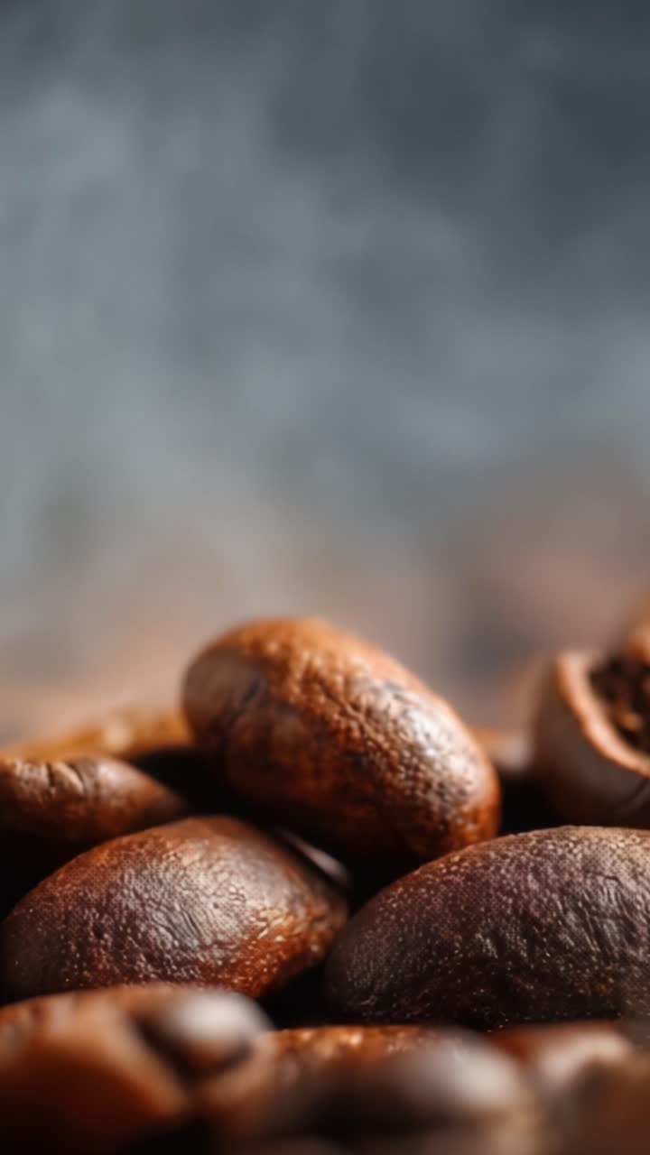 Et rigt nærbillede af skinnende ristede kaffebønner omgivet af aromatisk damp, der fanger essensen af friskbrygget kaffe i et dramatisk lys.