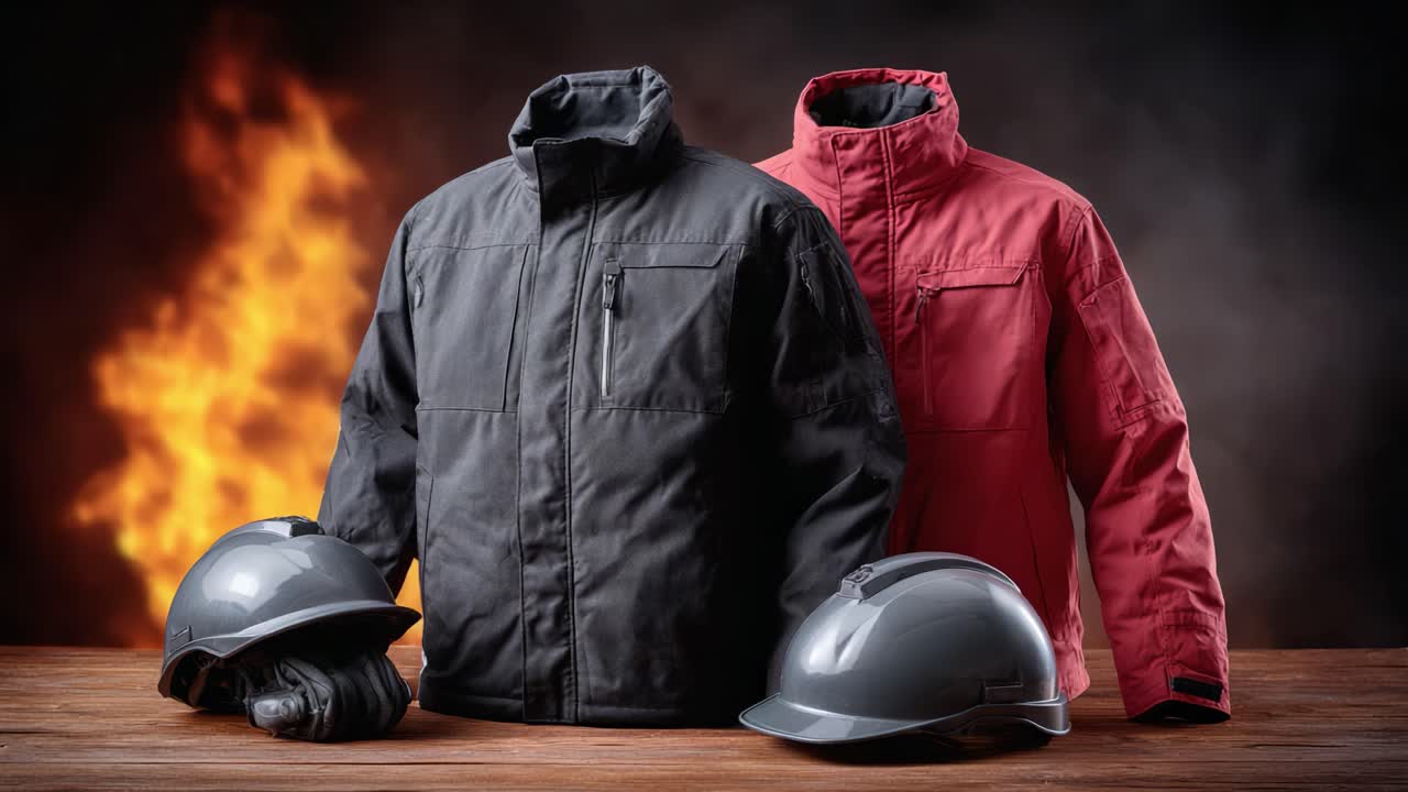 Uma Exibição Visual Marcante de Vestuário de Trabalho Protetor Apresentando Jaquetas Pretas e Vermelhas Junto com Capacetes de Segurança, Tudo em um Cenário Dramático e Flamejante para Destacar Durabilidade e Estilo.