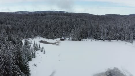 Frozen-lake-in-winter,-woods-covered-in-fresch-snow,-aerial-view,-Crno-jezero,-Black-lake,-Pohorje,-Slovenia