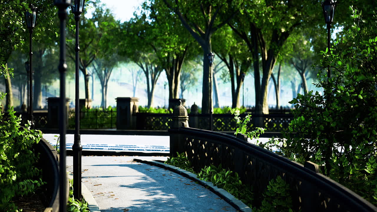 평화로운 공원 환경에서 울창한 초록색을 가로질러 조용한 길