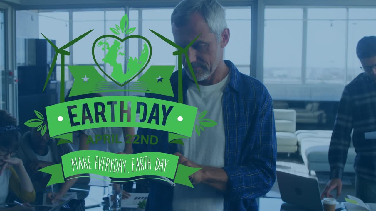 Animation des Textes „Earth Day“ über diverse Geschäftsleute, die Technologie nutzen.
