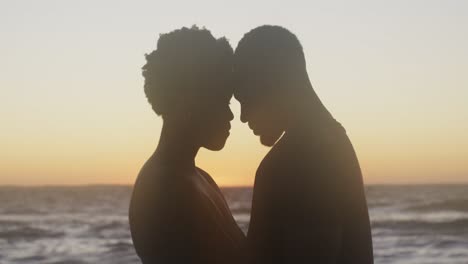 Video-of-happy-african-american-couple-embracing-on-beach-at-sunset