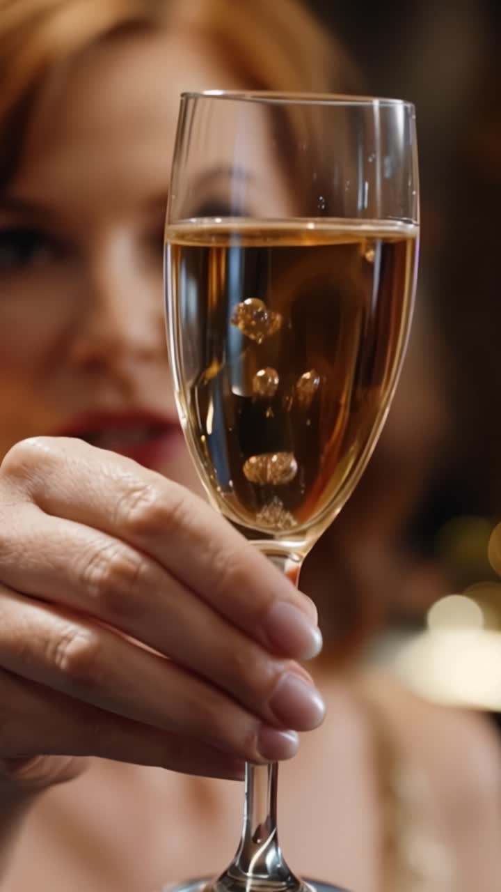 Elegante calice di champagne tenuto con grazia, che mostra bollicine frizzanti, su uno sfondo di vivaci fiches da casinò e luci scintillanti sfocate.
