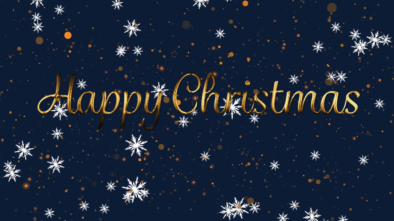 크리스마스 축하 문자 배너와 파란색 배경에 노란색 반점 위에 떨어지는 눈송이의 애니메이션