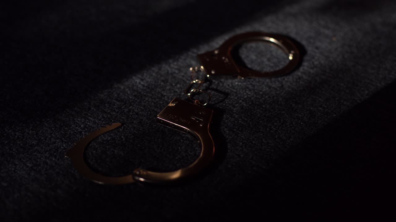 White Handcuffs icon isolated on grey background. 4K Video motion graphic animation.