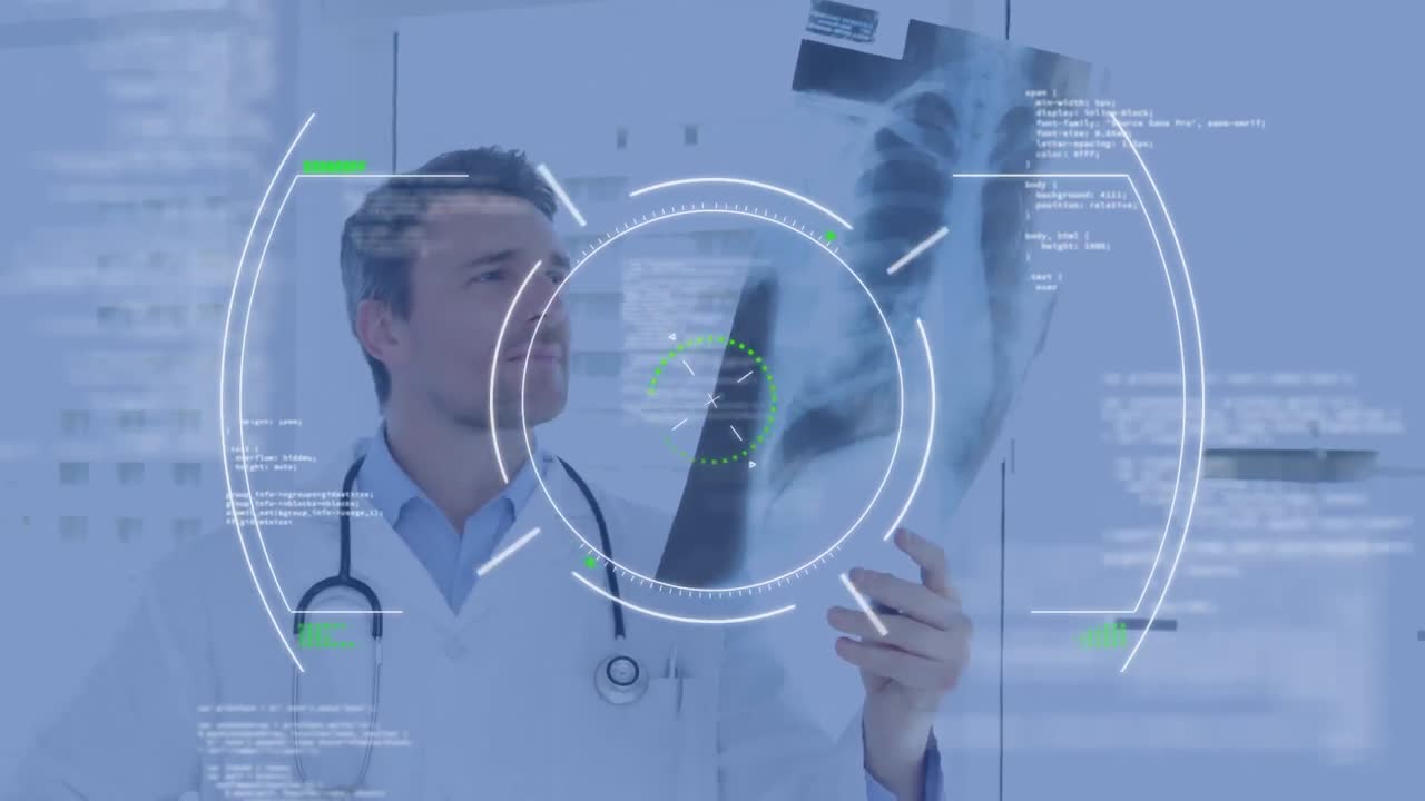 백인 남성 의사 검사  ⁇ 스레이에 대한 데이터 처리 애니메이션