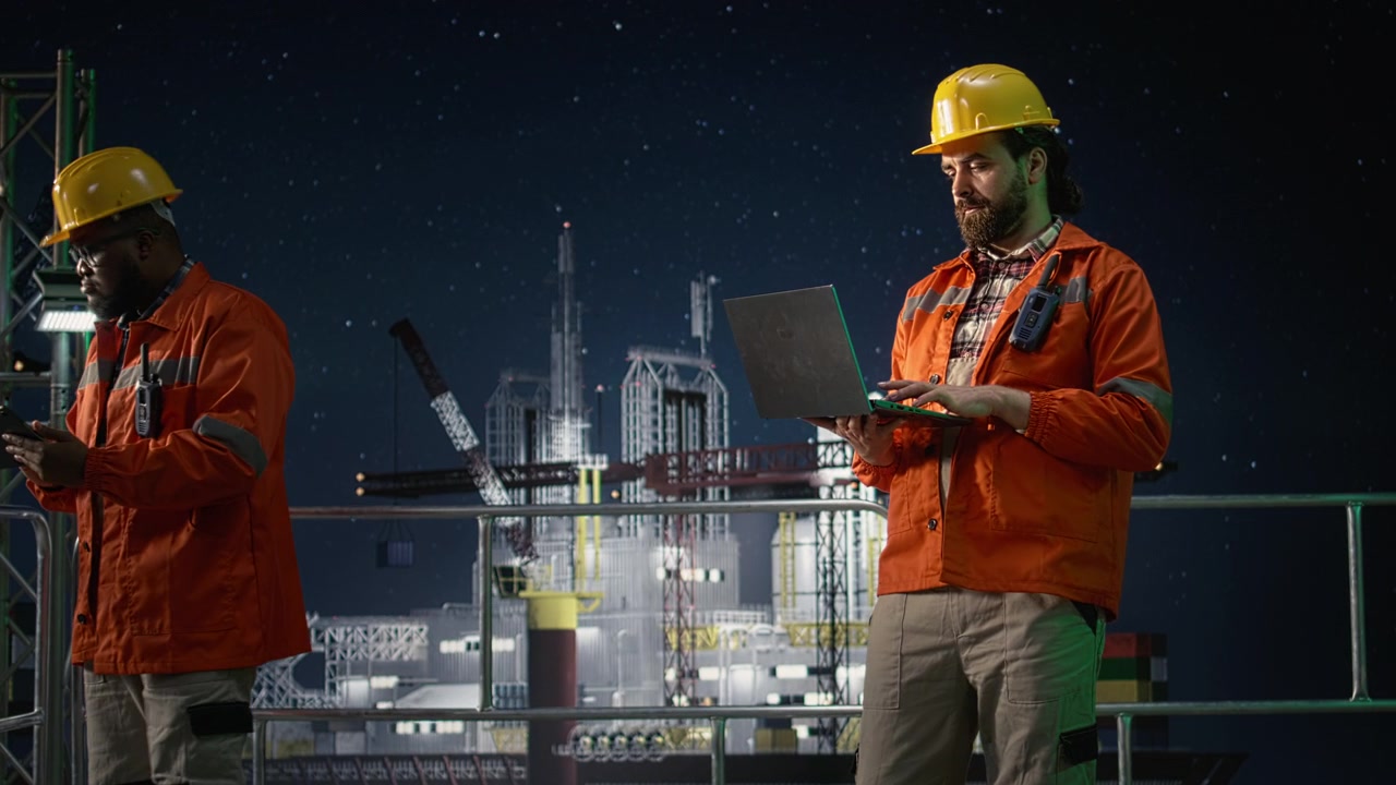Offshoreplatformchef gennemgår maritime sikkerhedshændelser ved hjælp af en bærbar computer.