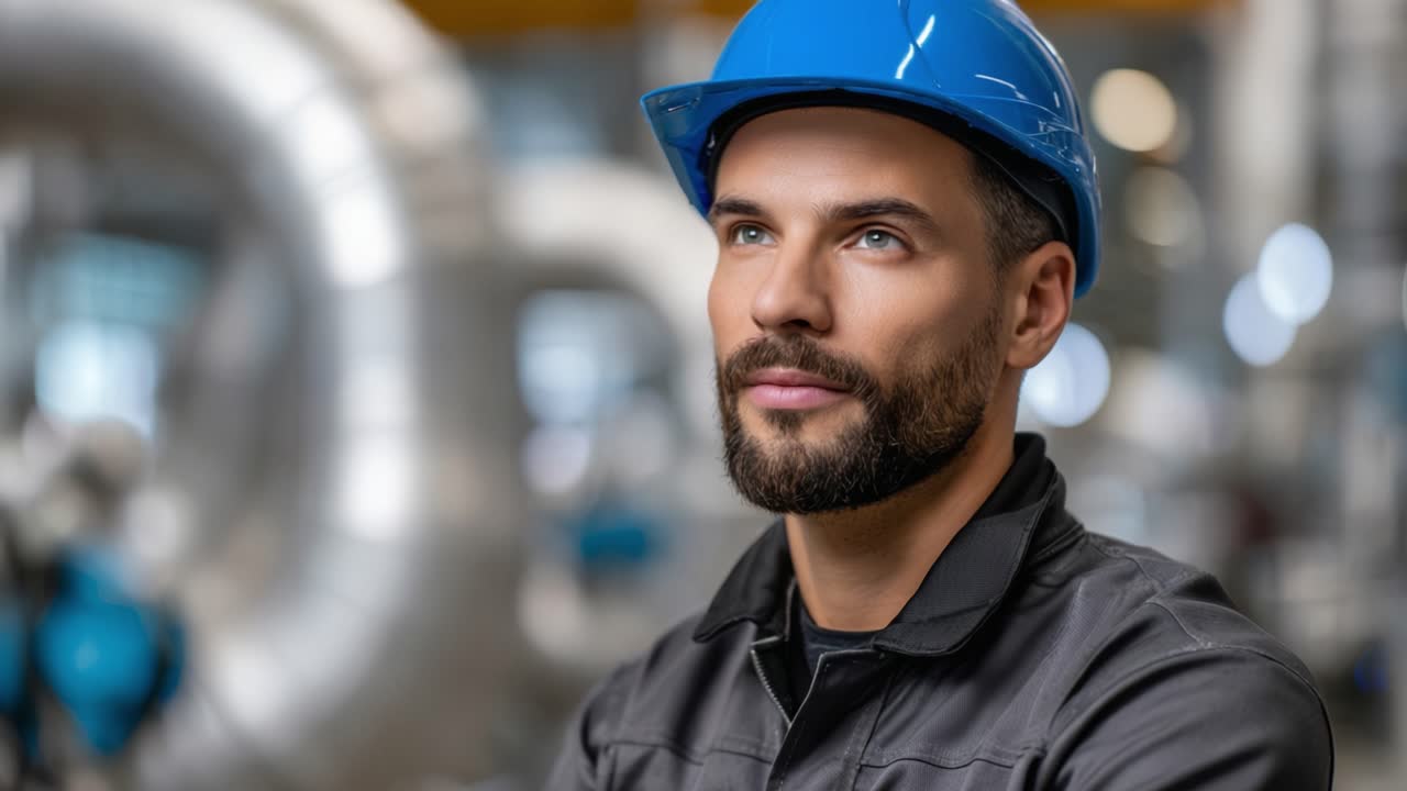Un lavoratore industriale concentrato con un cappello blu in una fabbrica, che mostra determinazione e prontezza su uno sfondo di macchinari e tubi.