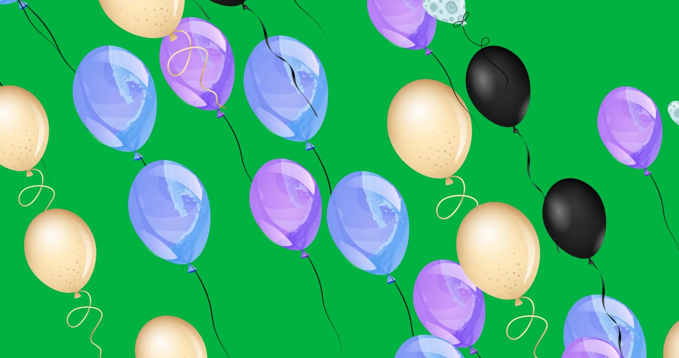 Animazione digitale di molti palloncini colorati che fluttuano su sfondo nero