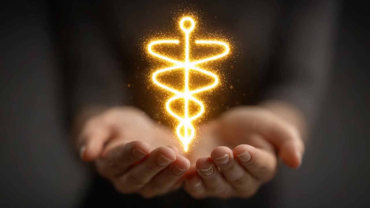A Glowing Symbol of Healing: An Enchanting Representation of Health and Wellness Illuminated in Hands Surrounded by Sparkling Light and Energy
