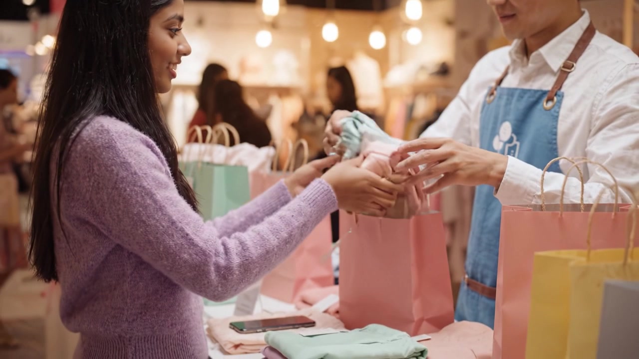 A shopper happily receives her clothing purchases while interacting with a sales associate at a cozy boutique, showcasing a cheerful retail experience.