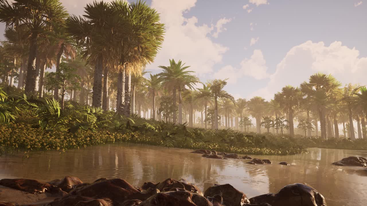 Spiaggia di sabbia su un'isola esotica al tramonto con palme e rocce sulla sabbia bagnata, ambiente naturale, animazione 3D fotorealistica