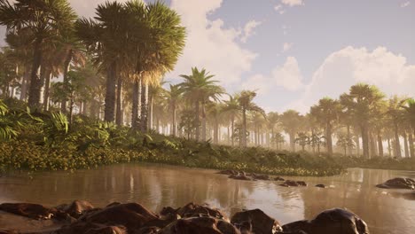 playa de arena de isla exótica al atardecer con palmeras y rocas en arena húmeda, entorno natural, animación 3d fotorrealista