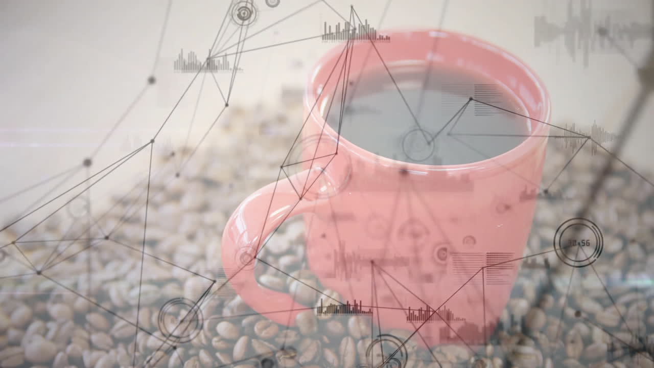 Pink ceramic mug showing data nodes floating over roasted coffee beans in animated illustration