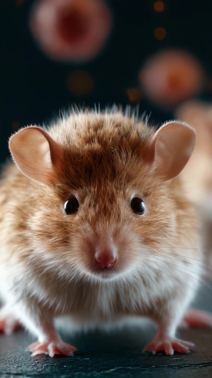 Un primo piano di un adorabile topo marrone con grandi occhi e pelliccia soffice, catturato con dettagli mozzafiato su uno sfondo morbido e sfocato con tonalità calde.