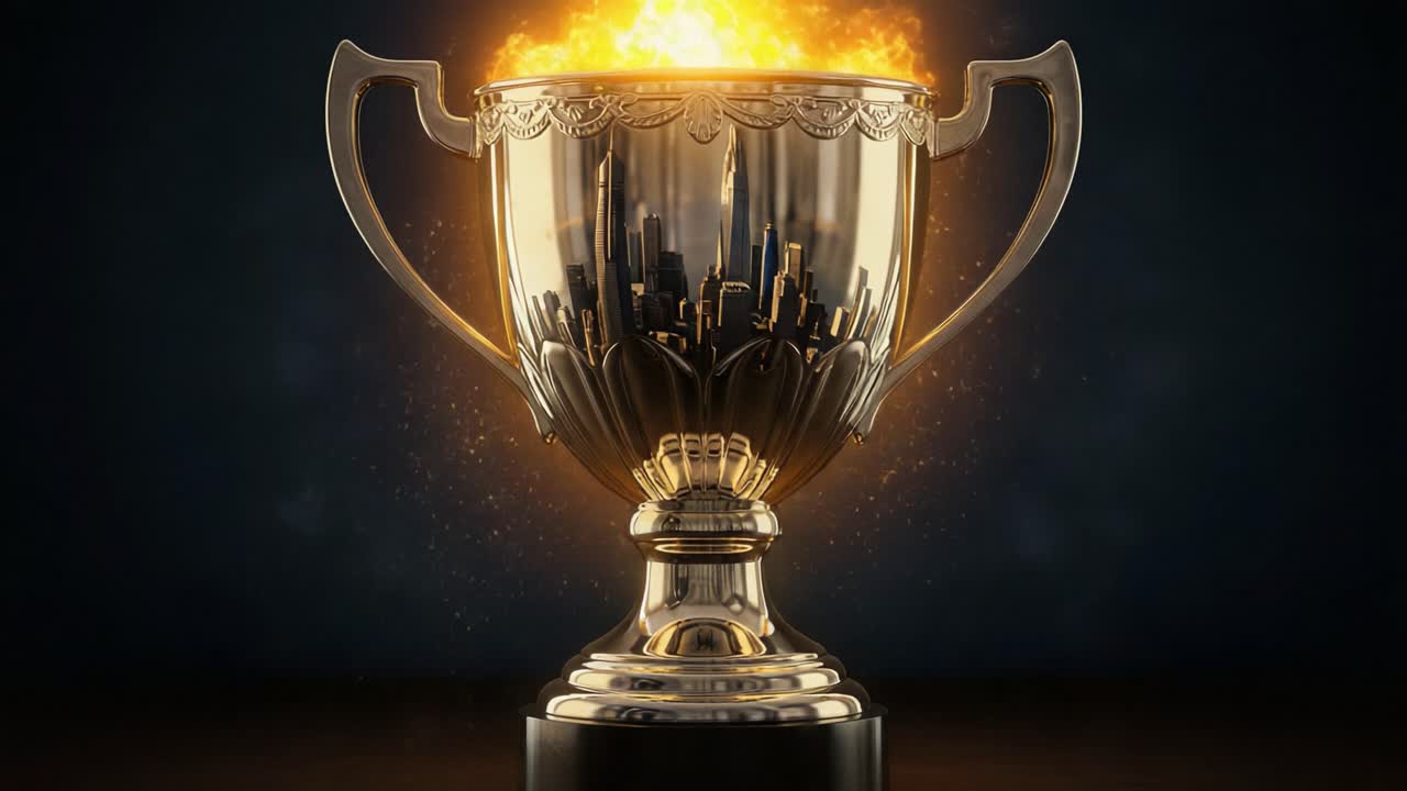 A Glimmering Trophy Surrounded by Fiery Flames, Symbolizing Victory and Achievement in a Dramatic Display of Glory and Prestige