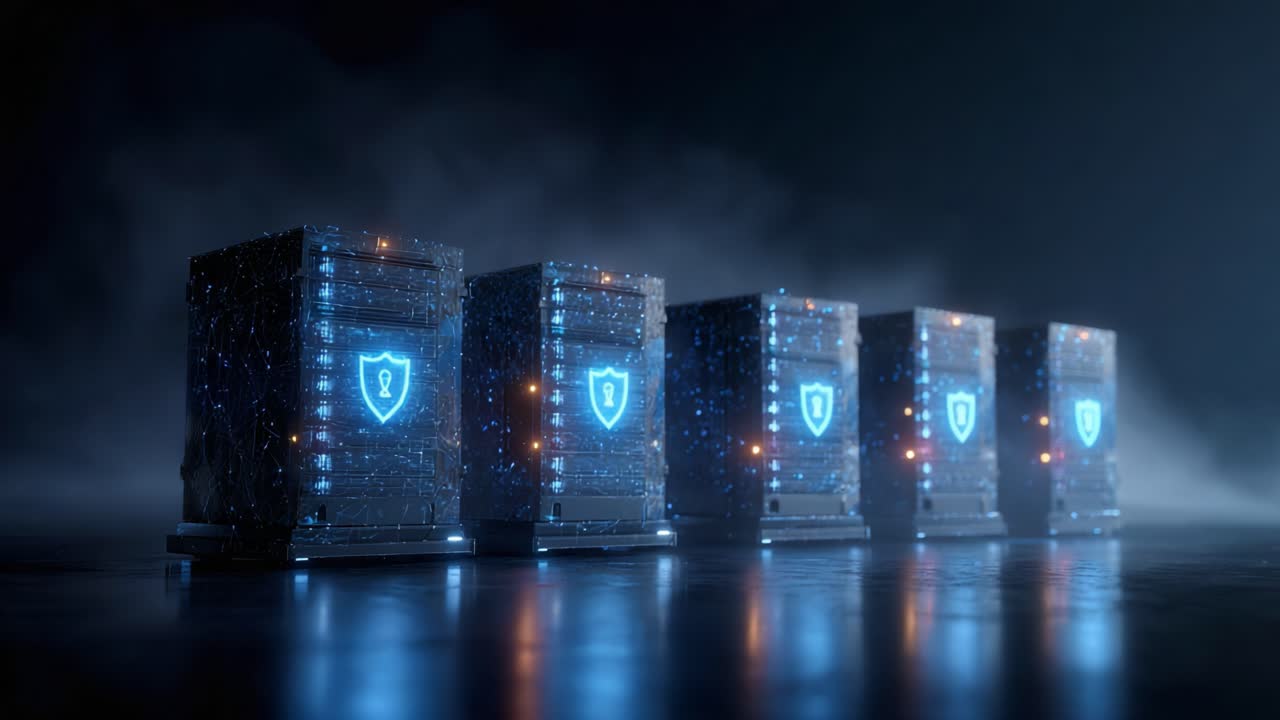 An Intricate Display of Secure Data Storage Solutions: A Futuristic Array of Five Server Racks with Illuminated Security Emblems, Representing Cutting-Edge Technology and Protection