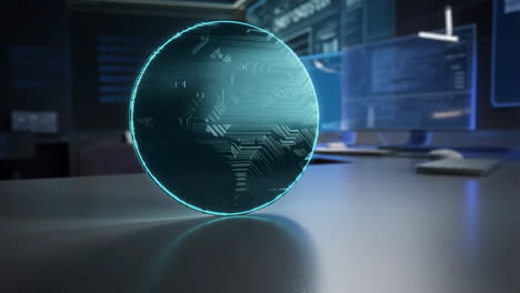 digital globe representing global data and connectivity in a modern tech office
