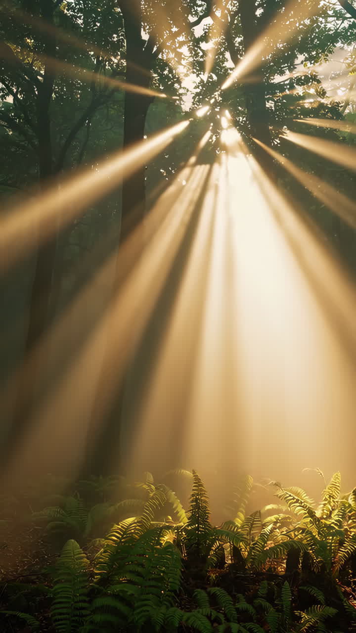 la luz del sol filtrándose a través de un bosque de niebla