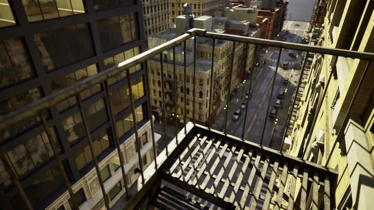 View from a high rise balcony overlooking an urban street at dusk