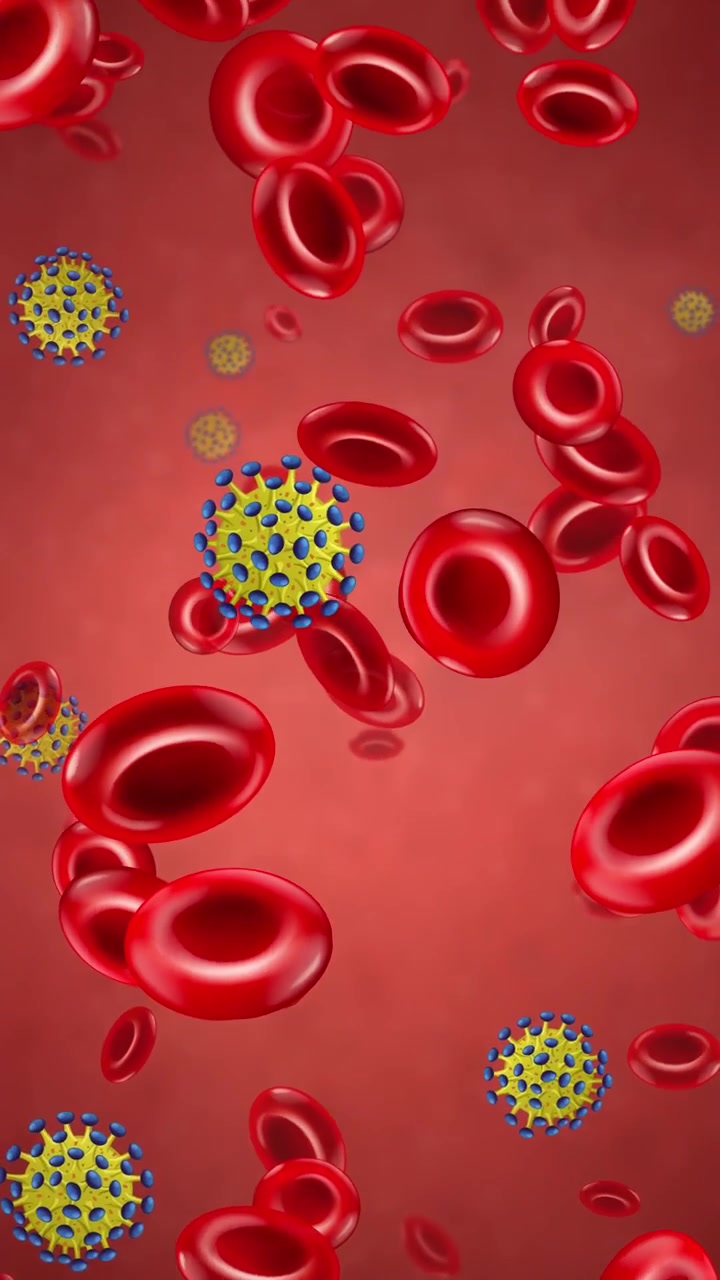 Microscopic view of red blood cells and yellow virus particles drifting through a red vessel.