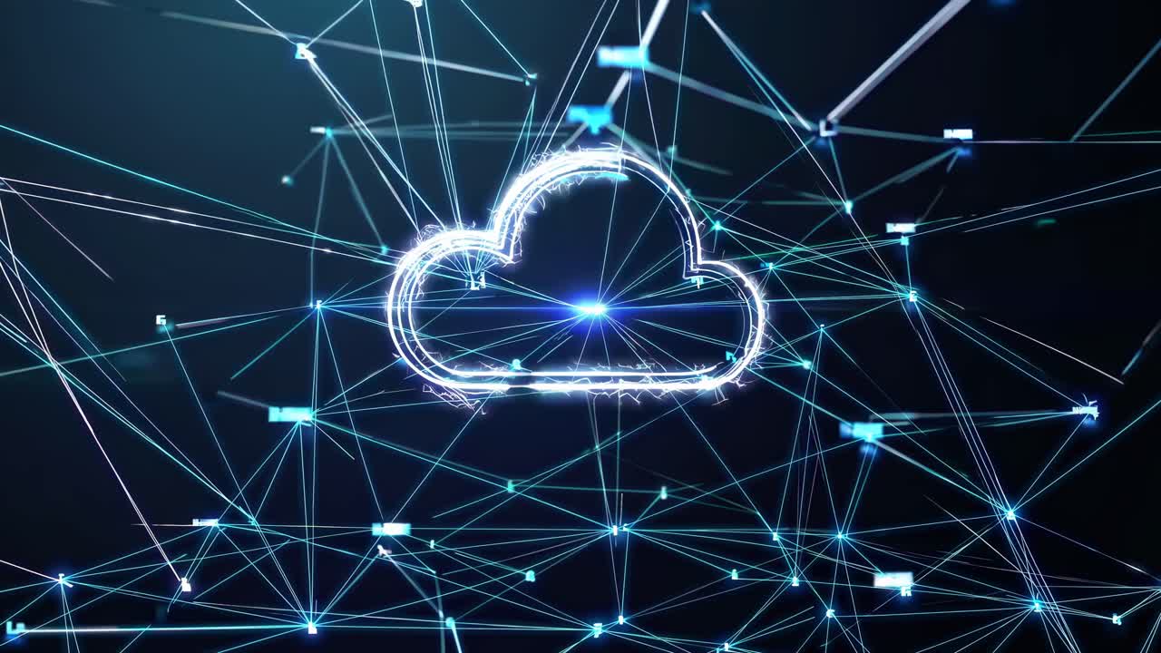 Video futuristico di cloud computing con un'icona a forma di cloud luminosa e linee di rete