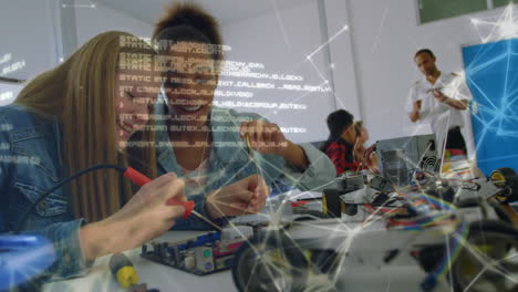 Females engineering students working with data processing and network of connections moving